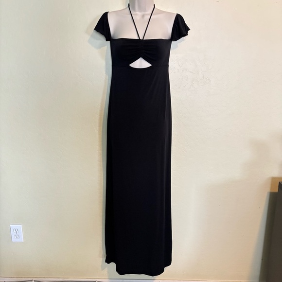 Forever 21 Black Slinky Cut Out Halter Dress with Flutter Cap Sleeves Size S - Picture 2 of 11